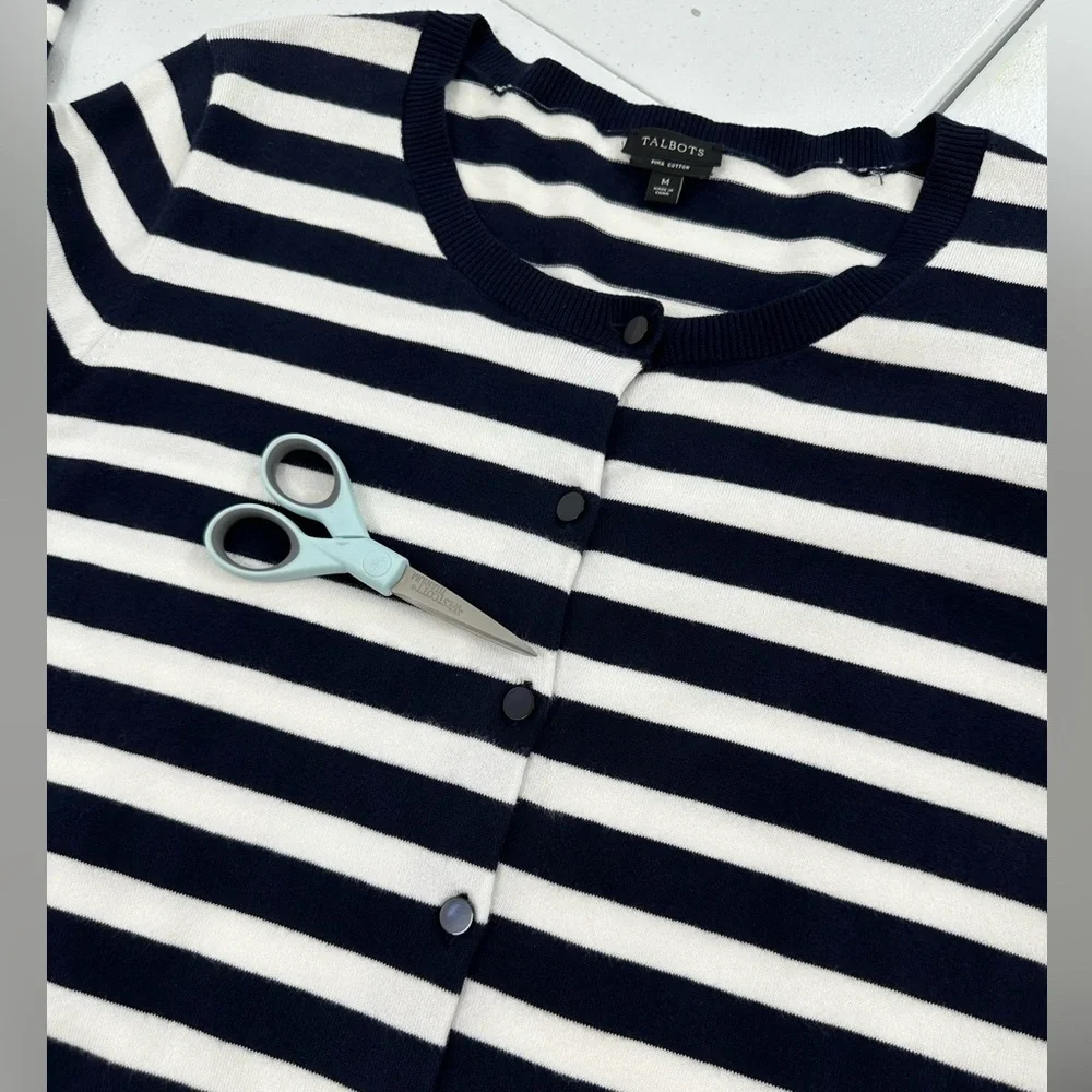 Talbots Nautical Navy White Stripe Cardigan Pima Cotton 3/4 Sleeve Classic Med